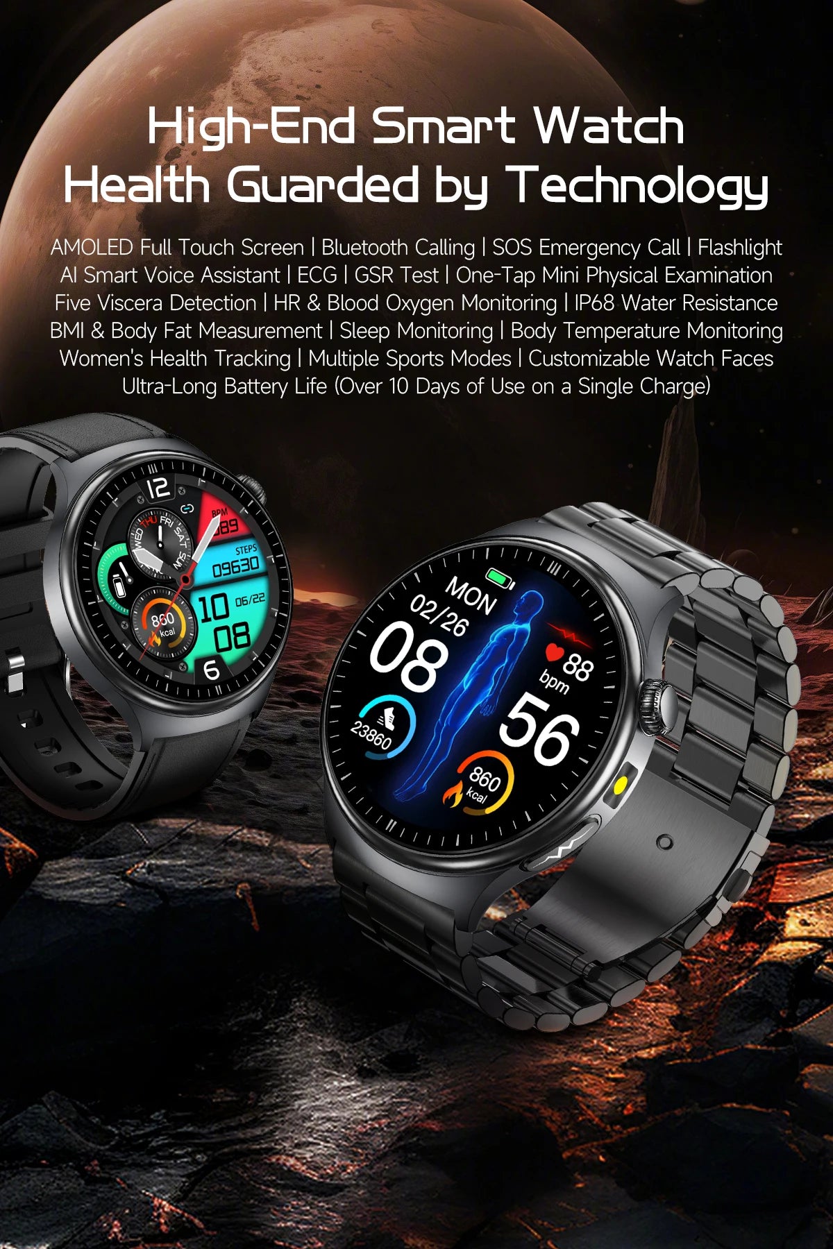 2026 AI Health Smartwatch ECG + PPG, Blood Pressure, Uric Acid & Body Fat Monitoring, AMOLED Display & Bluetooth Calling