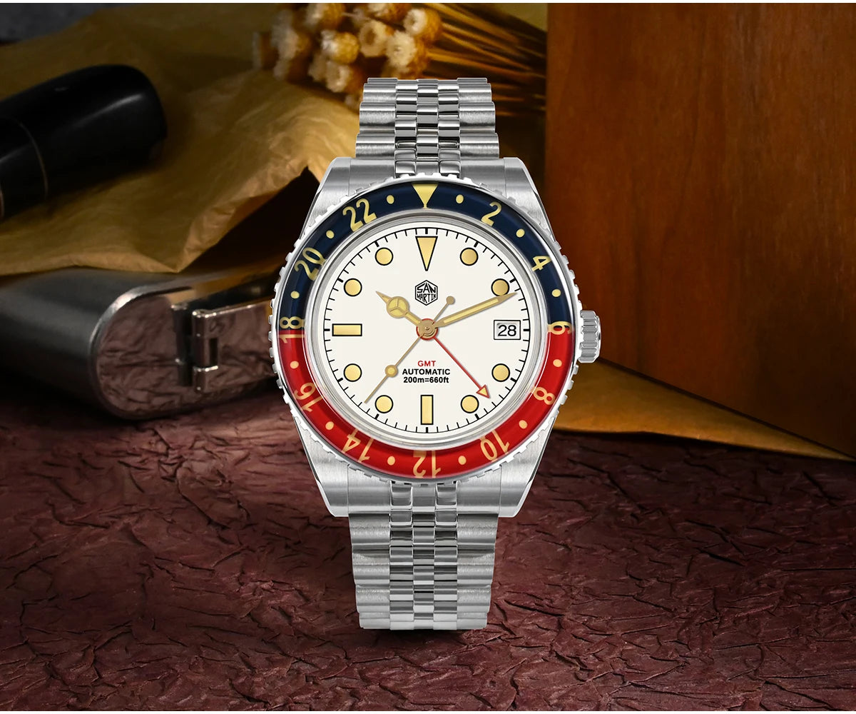 San Martin 40mm SN0005 Retro GMT NH34 Automatic Distressed Patina Dial Bi-color Sapphire Bezel Jubilee Mens Watches 20Bar Lume