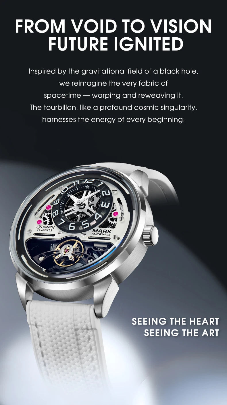 MARK FAIRWHALE Men's Automatic Watch Skeleton Dial Fluororubber Strap Waterproof Luxury Fashion Wristwatch