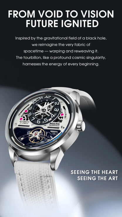 MARK FAIRWHALE Men's Automatic Watch Skeleton Dial Fluororubber Strap Waterproof Luxury Fashion Wristwatch
