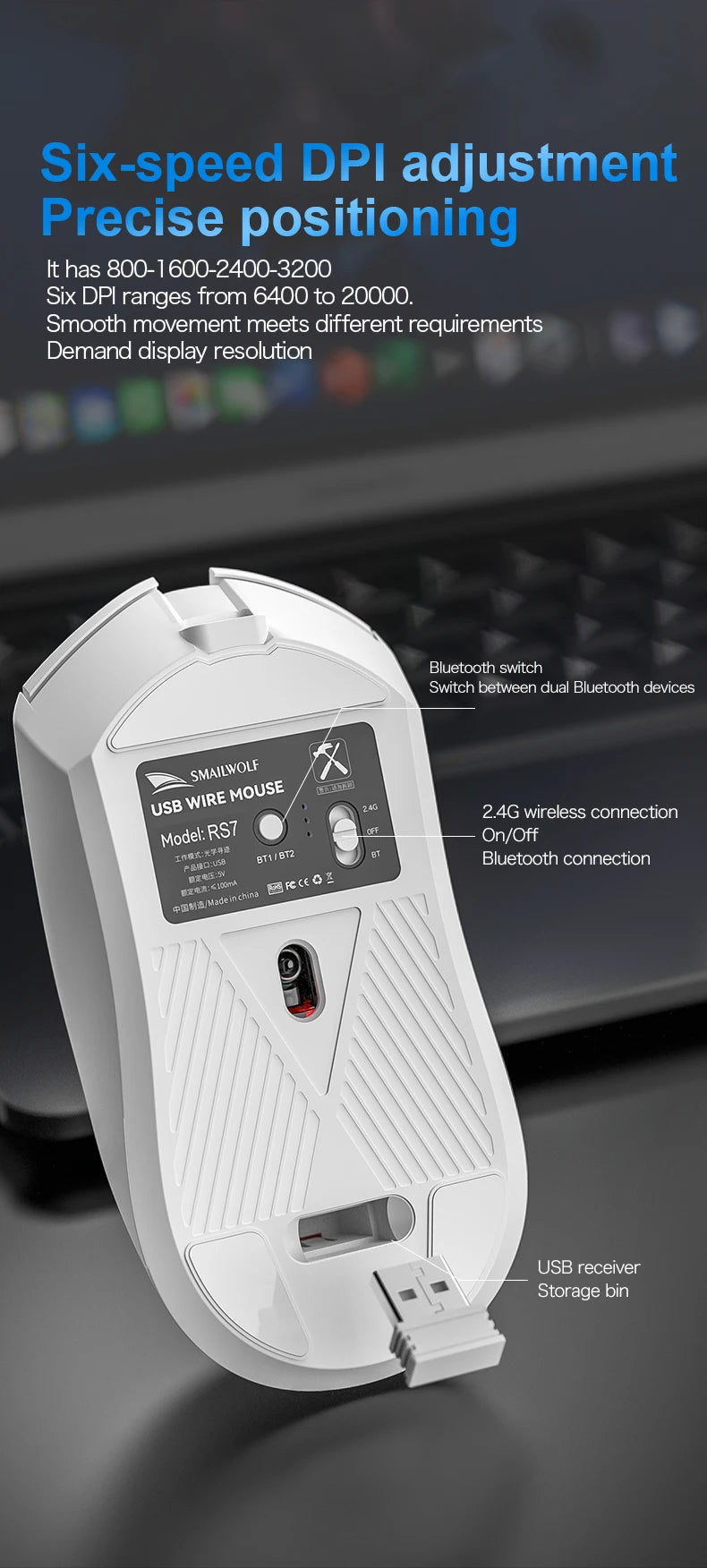 SMAILWOLF RS7 Bluetooth kabellose Gaming-Maus mit drei Modi, PAW3311, Makro-Gaming-Maus für Laptop, Gaming und Büro