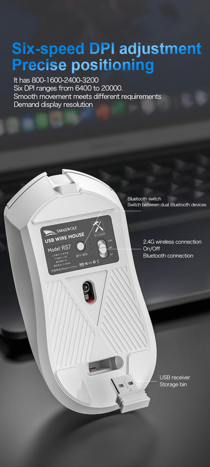 SMAILWOLF RS7 Bluetooth kabellose Gaming-Maus mit drei Modi, PAW3311, Makro-Gaming-Maus für Laptop, Gaming und Büro