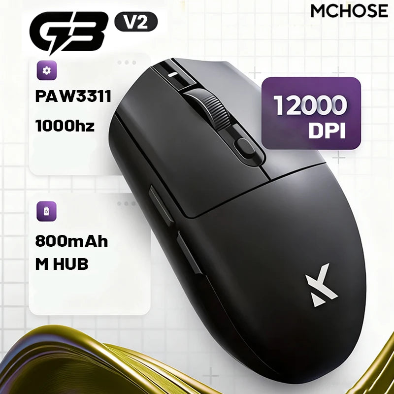 Rato sem fios eSports MCHOSE G3 V2 Pro leve, três modos, Bluetooth, PAW3395 de alto desempenho, 800mAh, gaming e escritório, 59g