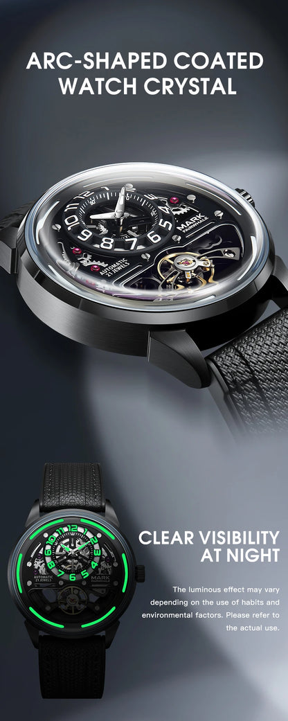 MARK FAIRWHALE Men's Automatic Watch Skeleton Dial Fluororubber Strap Waterproof Luxury Fashion Wristwatch