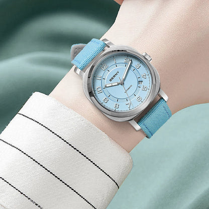 BERNY Mechanical Watch For Women Self-wind Pillow Cushion Sapphire Super Luminous Wristwatch Canvas Calendar Watch For Ladies