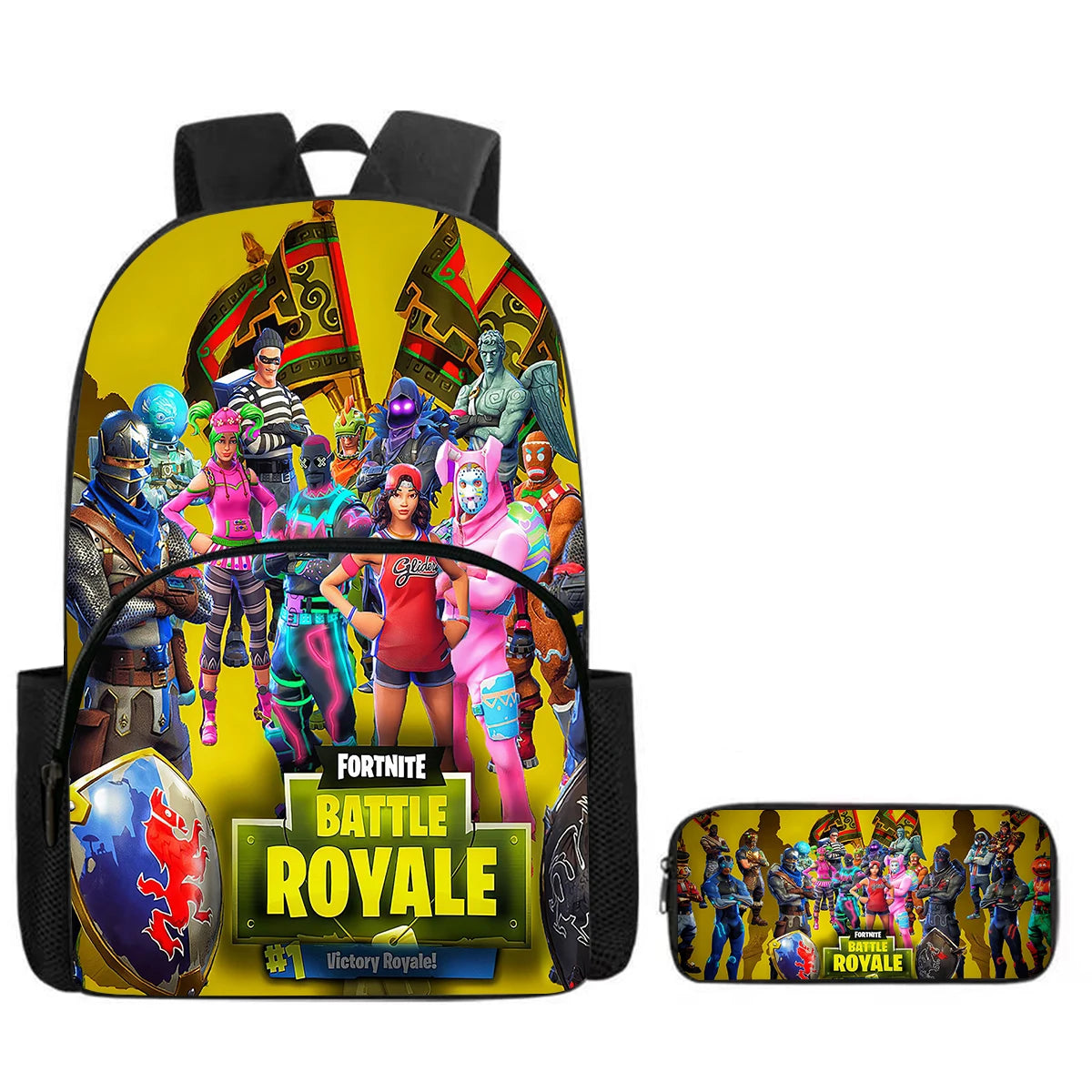 Fortnite Cartoon Backpack with Front Pocket & Pencil Case 2PCS - School Set for Boys Girls Age 5-8, Back to School Gift