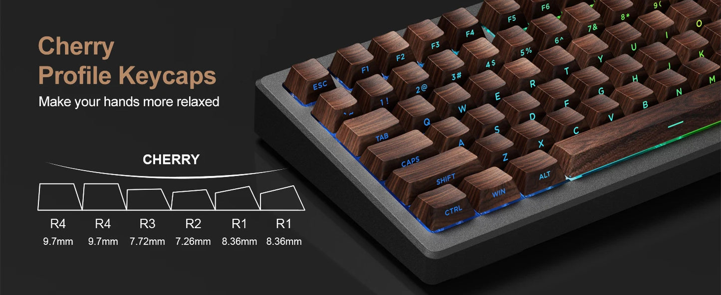 Wood Grain, Side Engraved Translucent Cherry Keycap PBT 126 Keys, Customized for 60/84/98/108 Mechanical Keyboard