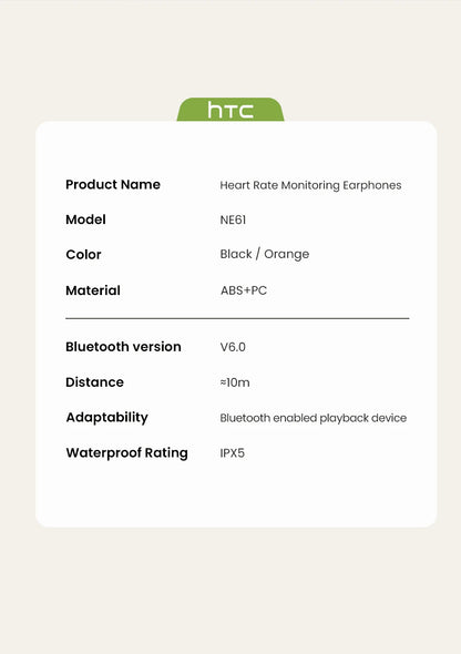 HTC NE61 Bluetooth Earphones – Premium Wireless Noise Reduction Sports Earbuds with AI Translator, Heart Rate Monitor & HD Bass