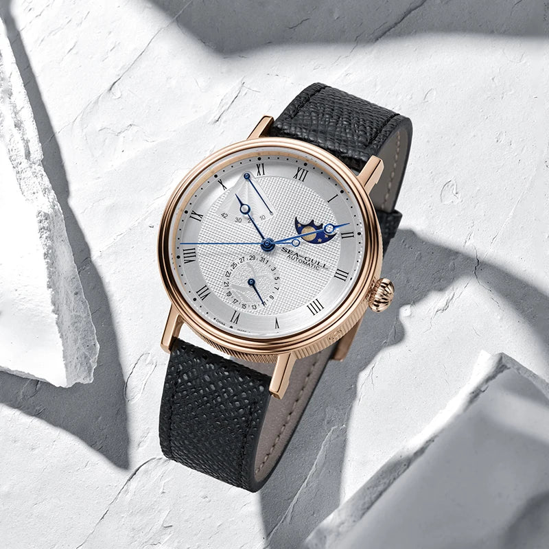 Seagull Men's Business Wristwatch Moon Phase Leather Luxury Automatic Mechanical Men's Watches 50M Waterproof Relogio 6092