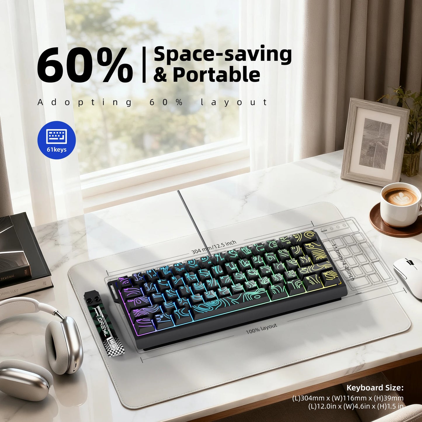 60% compact wired keyboard with RGB backlighting and gradient keycaps suitable for Windows tablets, laptops, and gamers.