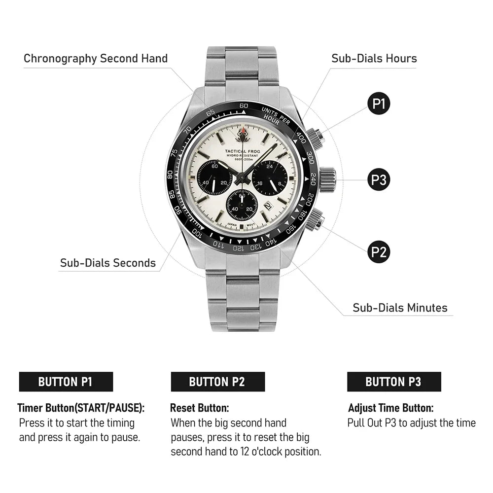 Tactical Frog Quartz Watch VS75 Solar Chronograph Sapphire 200m Waterproof Luxury Watch Luminous Quartz Movement 41mm Mens Watch