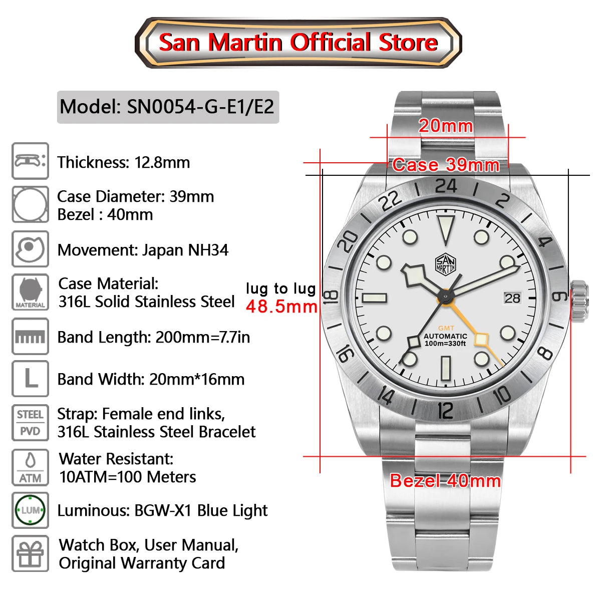 Relógio mecânico automático San Martin New 39mm NH34 BB GMT, relógio desportivo, safira, luminoso, impermeável 100m, para homem, Relogio SN0054