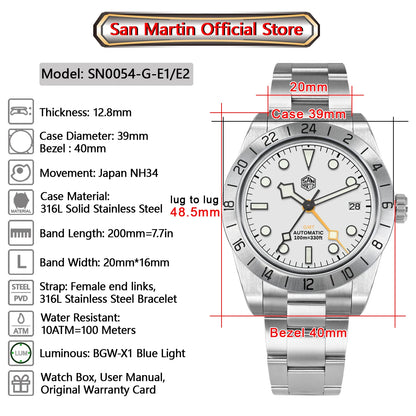 Relógio mecânico automático San Martin New 39mm NH34 BB GMT, relógio desportivo, safira, luminoso, impermeável 100m, para homem, Relogio SN0054