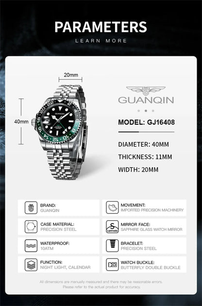 GUANQIN GMT Herrenuhren 2025 Neue Automatikuhr für Herren NH34 Mechanische Armbanduhr Saphirglas Edelstahlgehäuse Linkshänder