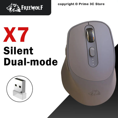 Bezdrátová myš FREEWOLF X7 Bluetooth 2.4G, duální režim, tichá, dobíjecí, 4000DPI, indikátor baterie, ergonomická, pro PC, Mac a notebook