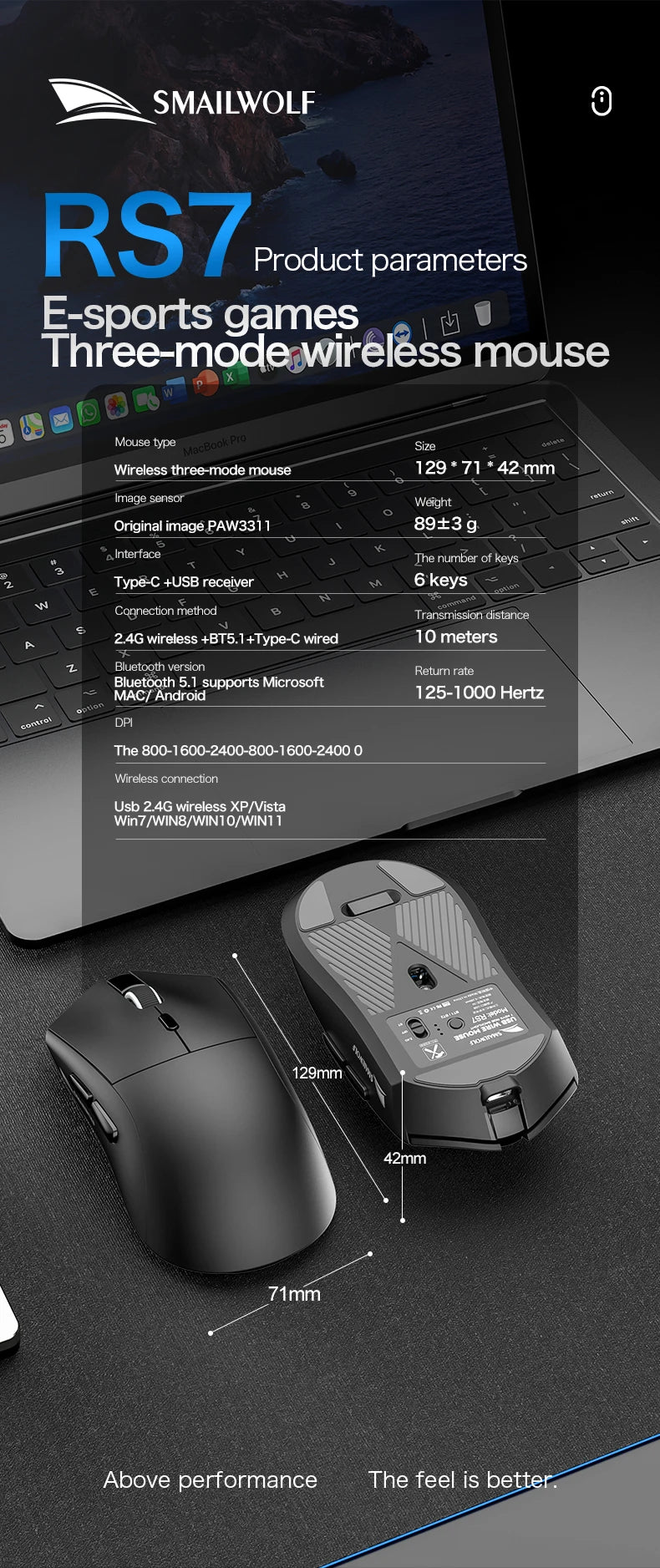 SMAILWOLF RS7 Bluetooth kabellose Gaming-Maus mit drei Modi, PAW3311, Makro-Gaming-Maus für Laptop, Gaming und Büro