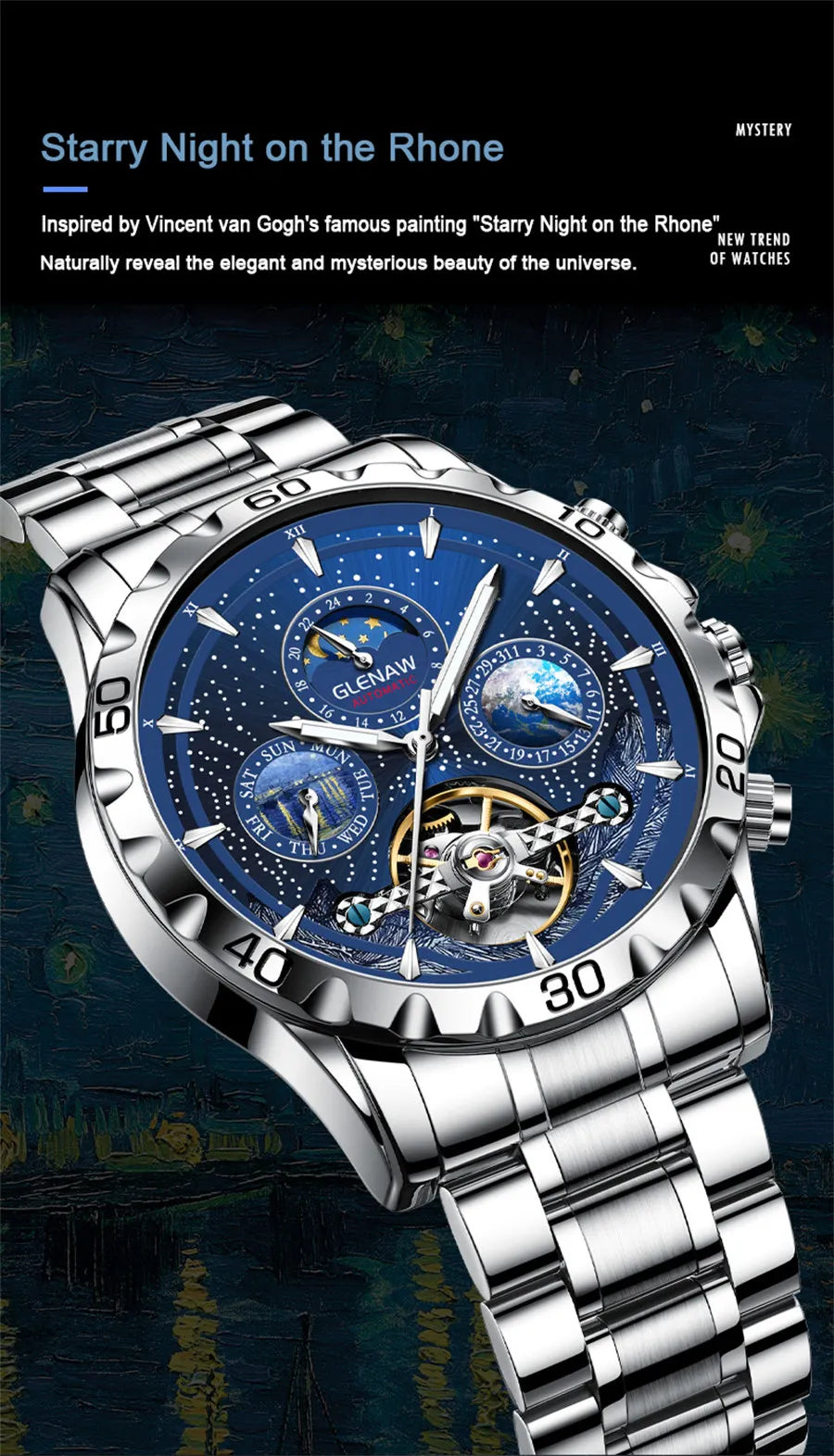 GLENAW Design Mens Watches Top Brand Luxury Fashion Business Automatic Watch Men's Waterproof Mechanical Watch Montre Homme