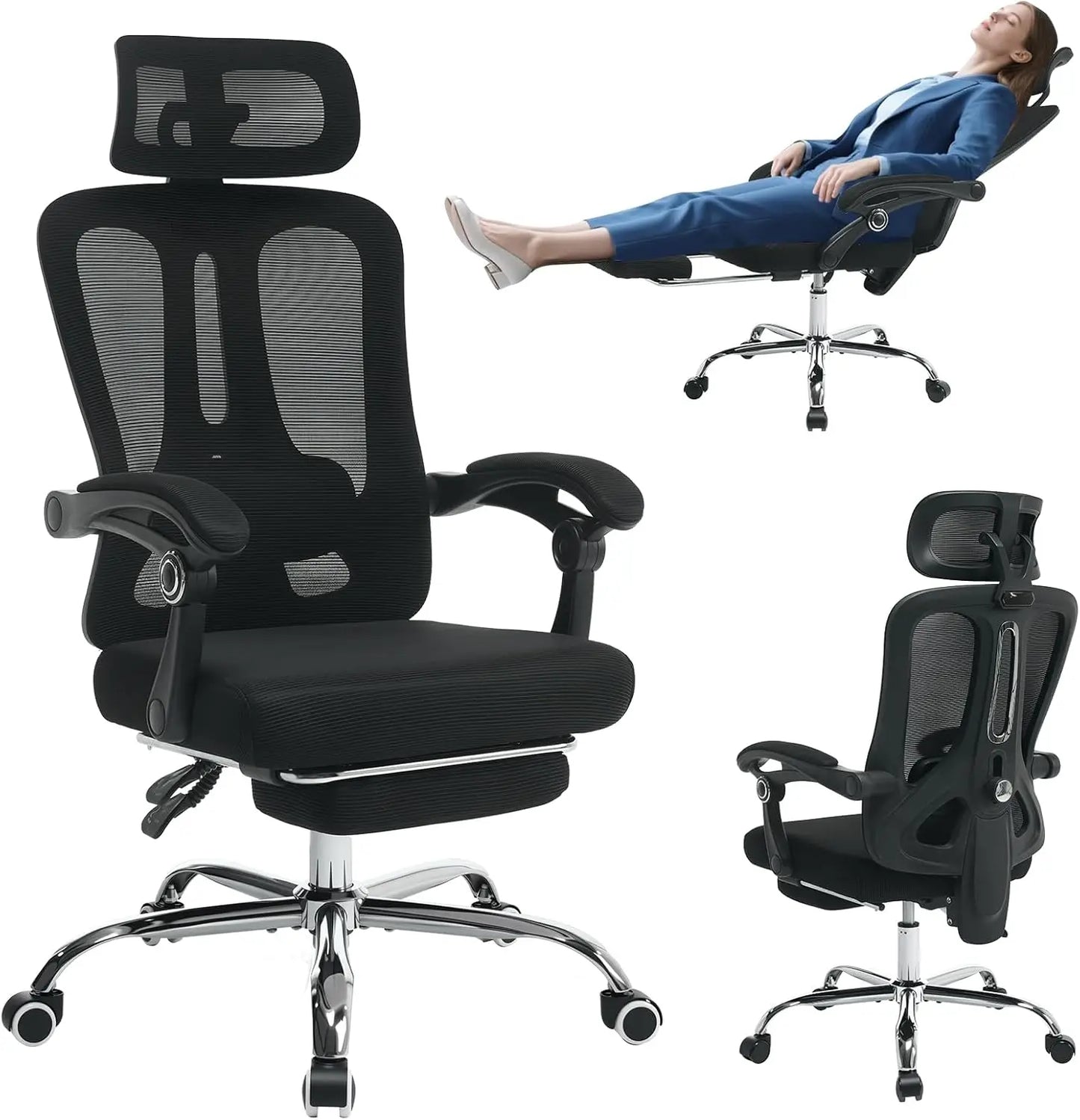 Ergonomic High Back Mesh Gaming Chair with Retractable Footrest, Adjustable Headrest & Lumbar Support, Spacious Comfortable Office Desk Chair with Wheels, Swivel Computer Seating for Home Study & Work, Large Size, Black