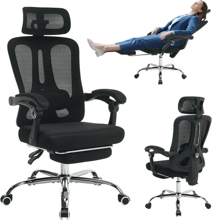 Ergonomic High Back Mesh Gaming Chair with Retractable Footrest, Adjustable Headrest & Lumbar Support, Spacious Comfortable Office Desk Chair with Wheels, Swivel Computer Seating for Home Study & Work, Large Size, Black