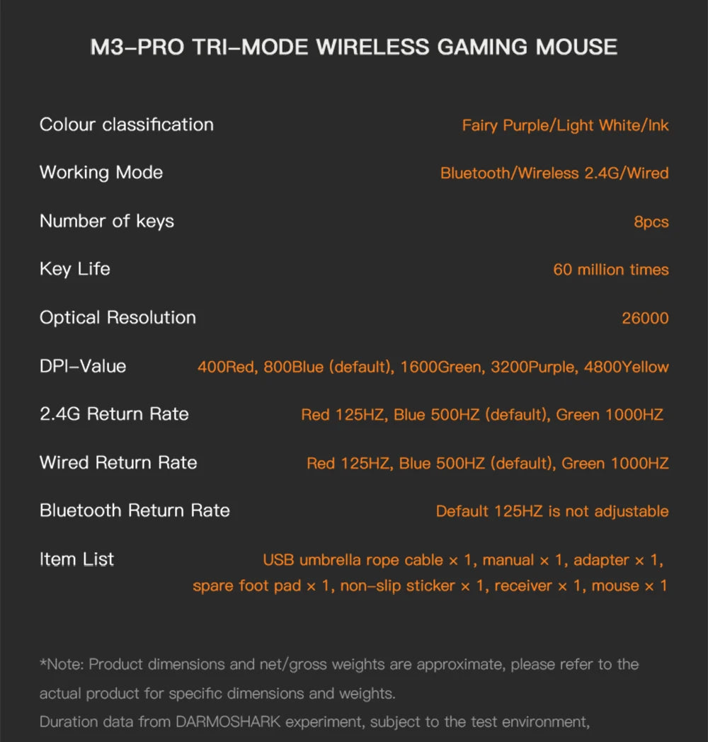 Mouse da gaming Darmoshark M3Pro 2.4G BT wireless tri-mode, sensore PAW3395, N52840, 26000DPI, mouse con driver macro per mani grandi per il gaming
