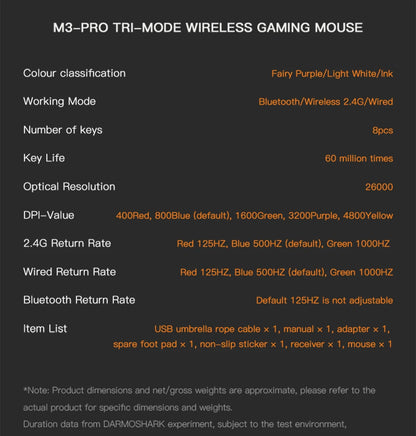Mouse da gaming Darmoshark M3Pro 2.4G BT wireless tri-mode, sensore PAW3395, N52840, 26000DPI, mouse con driver macro per mani grandi per il gaming
