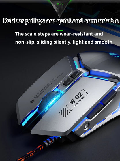 Mouse de gaming cu fir USB Inphic W2 a 2-a generație, clic silențios, stil metalic, 6 taste, programare macro, 8800DPI