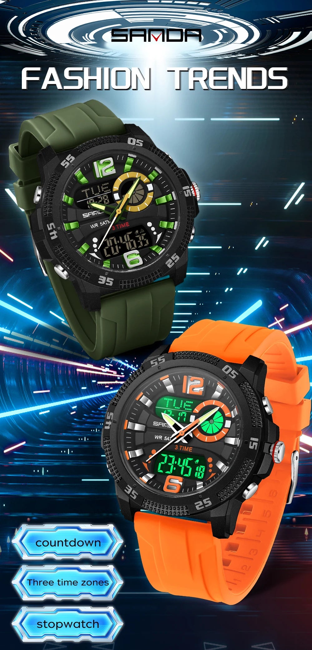 SANDA Fashion Luxury Men's Watches Dual Digital Display Sport Analog Quartz Man Wristwatch Casual Waterproof Silica Chronograph