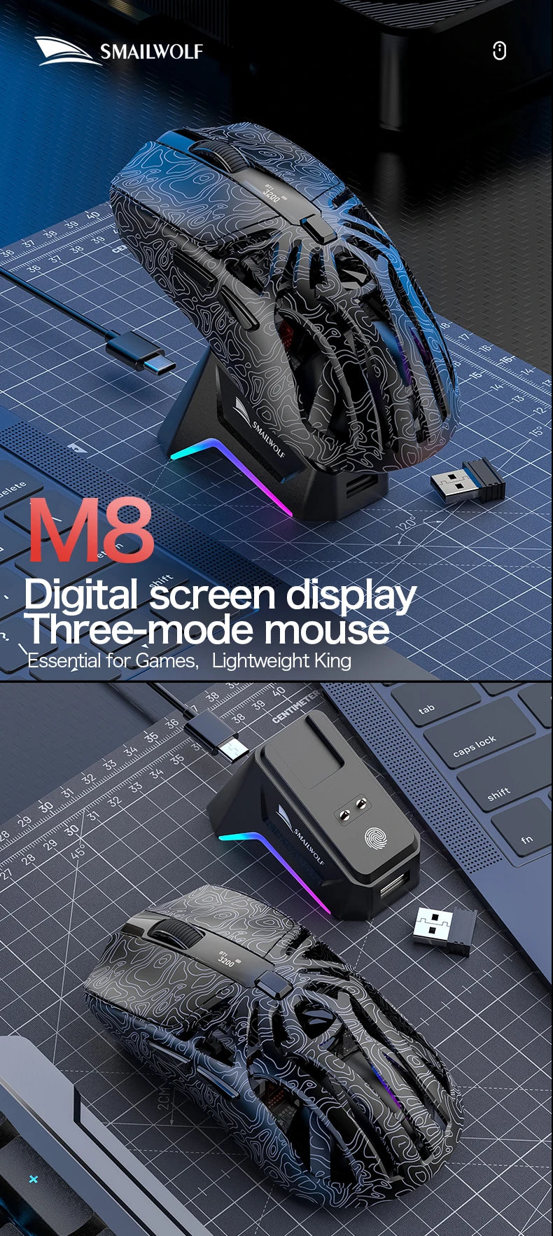 SMAILWOLF M8 Bluetooth Wireless Gaming Mouse, Tri-Mode RGB Rechargeable Mouse with PAW3311 Sensor, 12000 DPI Lightweight Gaming Mouse for PC & Office