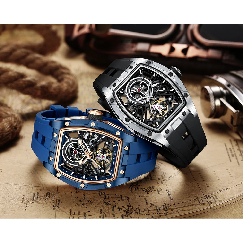 MINI FOCUS Orologio da polso da uomo fashion nero impermeabile, automatico meccanico, con lancette luminose, cinturino in silicone e quadrante tonneau