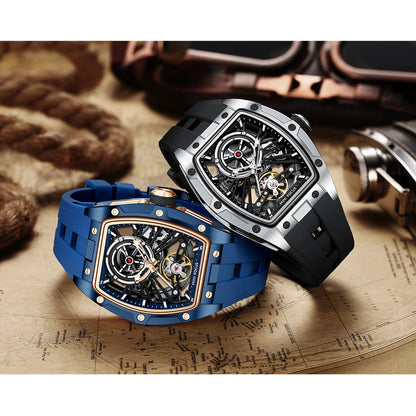 MINI FOCUS Orologio da polso da uomo fashion nero impermeabile, automatico meccanico, con lancette luminose, cinturino in silicone e quadrante tonneau