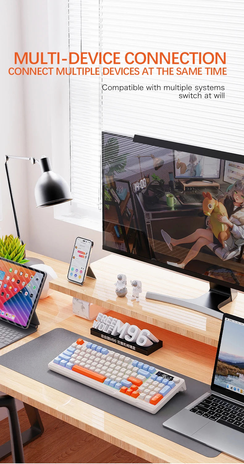 FreeWolf M96 Wireless Keyboard with Screen, Gaming Keyboard Bluetooth Dual-Mode Connection, Multi-Device Linking, Ergonomic