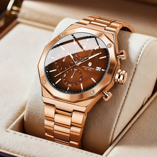 SAPPHERO Rose Gold Men Watch Fashion Luxury Clock Stainless Steel Watch 50m Water Resistance Watch For Men New Year Gifts