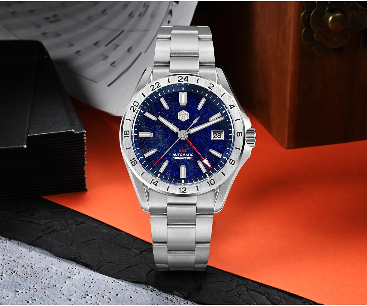 San Martin 39mm Aventurine Gemstone Dial Luxury Men's Watch NH34 GMT Automatic Mechanical Sapphire Waterproof Luminous SN0129