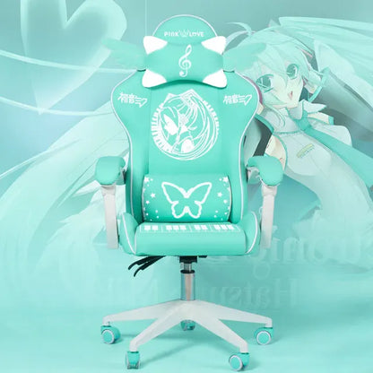 Pink Cartoon Electric Sound Gaming Chair, Rotating Office Chair with Adjustable Height, Latex Cushion, 360° Swivel Computer Chair for Home & Study