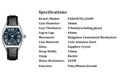 FARASUTE New Classic Hangzhou Customized Movement Manual Mechanical Watch Men's Sapphire Crystal Small Second 50m Waterproof Watch