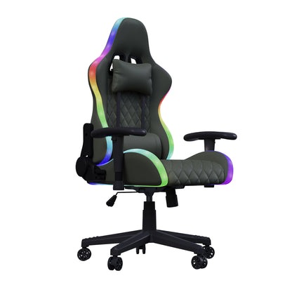 Office Chair, LED gaming chair with ergonomically adjustable backrest, PU leather office chair, lumbar support cushion & pillow