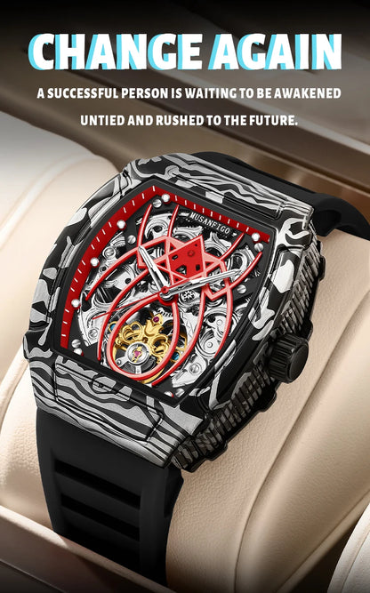 MUSANFIGO automatic hollow mechanical watch, barrel shaped fashionable men's trendy watch, luminous waterproof watch