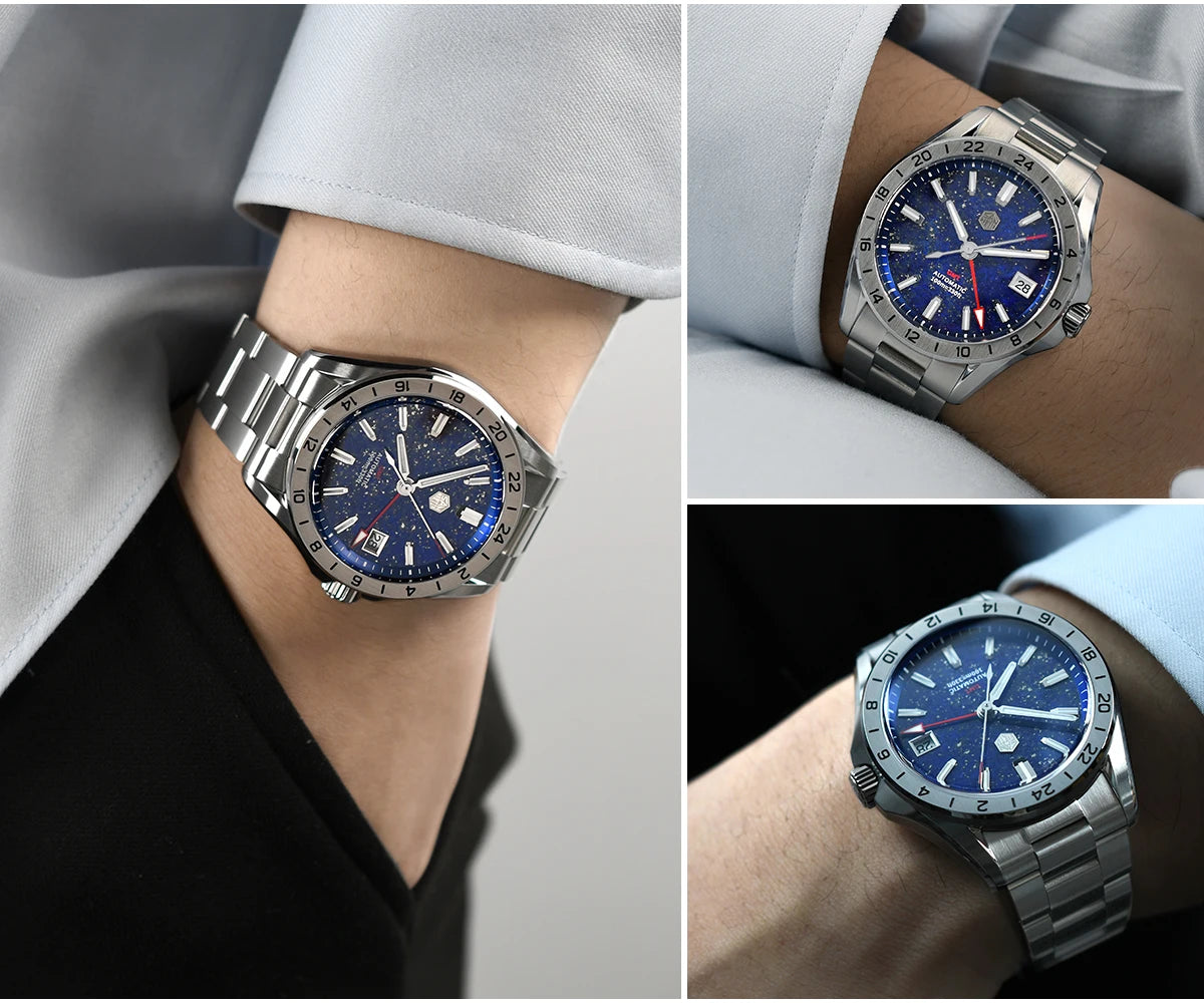 San Martin 39mm Aventurine Gemstone Dial Luxury Men's Watch NH34 GMT Automatic Mechanical Sapphire Waterproof Luminous SN0129