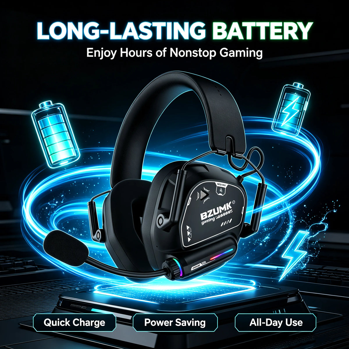 Casque de jeu sans fil BZUMK, écouteurs circum-auraux Bluetooth à faible latence avec micro, basses profondes, 50 mm, RGB, pour PC, PS4, PS5, ordinateur portable, gamer