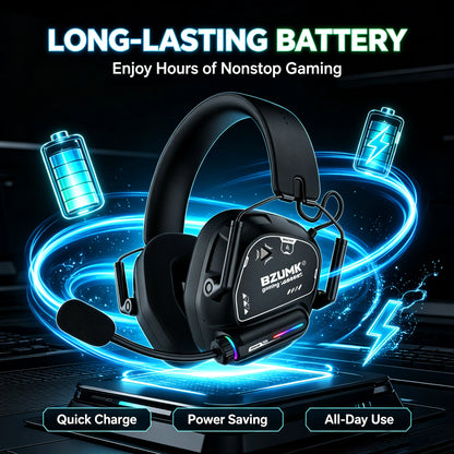 Casque de jeu sans fil BZUMK, écouteurs circum-auraux Bluetooth à faible latence avec micro, basses profondes, 50 mm, RGB, pour PC, PS4, PS5, ordinateur portable, gamer