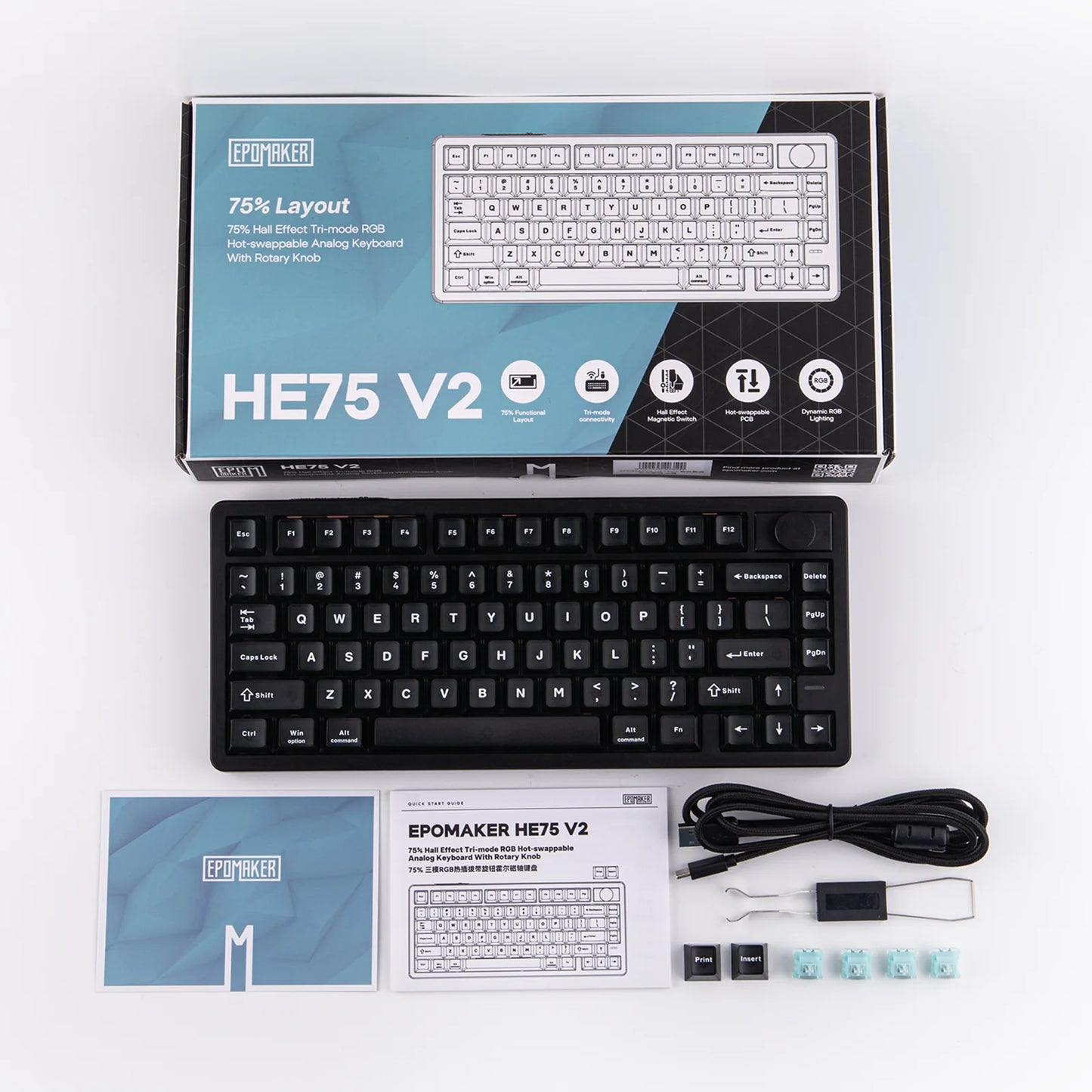 Teclado Gaming Sem Fios Tri-mode Hall Effect EPOMAKER HE75 V2 75% ANSI US Layout com Acionamento Ajustável de 0.005mm/Rapid Triggering