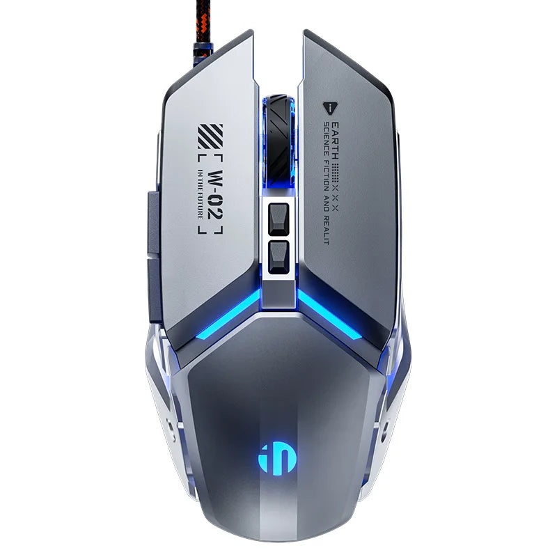 Mouse de gaming cu fir USB Inphic W2 a 2-a generație, clic silențios, stil metalic, 6 taste, programare macro, 8800DPI