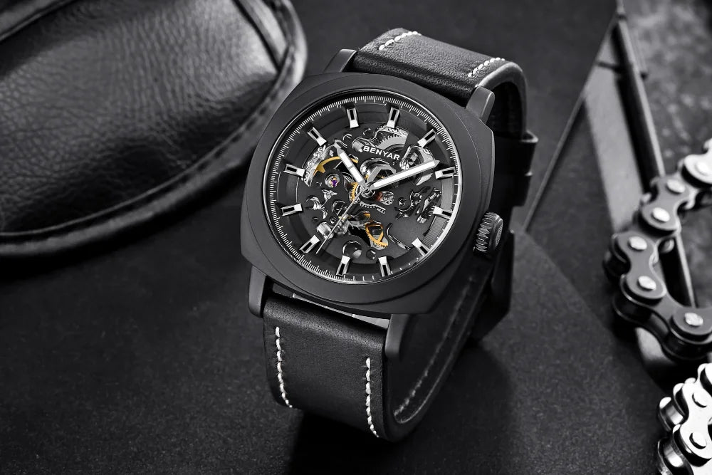 BENYAR Watch for Men Luxury Skeleton Tourbillon Automatic Mechanical Men's Watch 30M Waterproof Leather Strap Sports Reloj Hombre