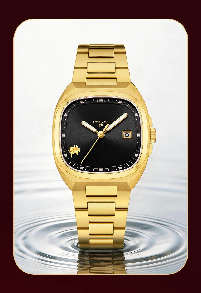 Shanghai Square Vintage Mechanical Watch 24K Gold Automatic Men's Watches 38mm Case 316L Stainless Steel Luxury Wristwatch SH030
