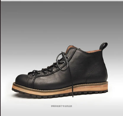 KOWM Cowhide Hiking Shoes Men's Walking Boot British Trekking Shoes Thick-Soled Cowhide High-Top Motorcycle Boots Ankle Sneakers