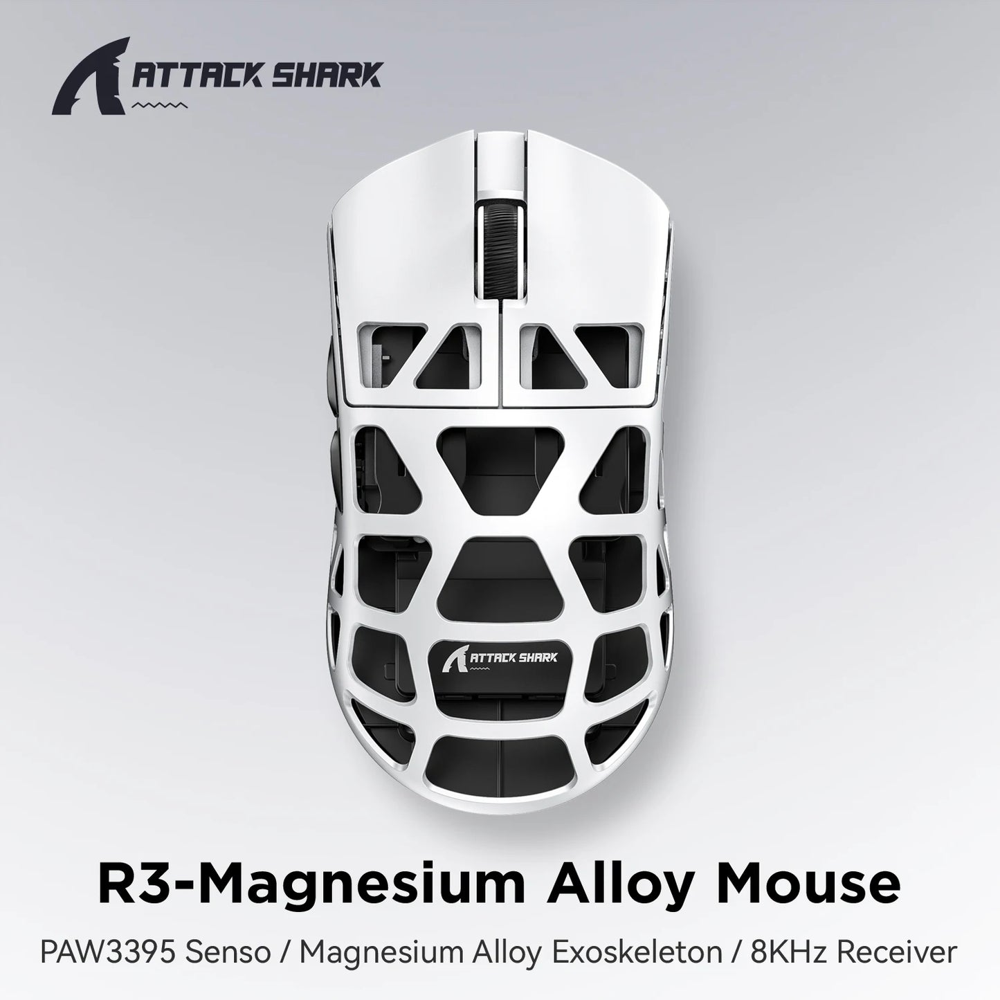 Rato ATTACK SHARK R3 8KHz em liga de magnésio, sensor PixArt PAW3395, até 26000 DPI, 2.4G/BT/com fios, ultraleve de 46g, para PC/Mac