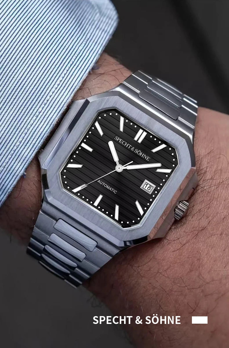 2025 Specht & Söhne Men's Classic Cubic Automatic Mechanical Watch 50M Waterproof Luminous Sapphire Crystal Reloj Hombre 41MM