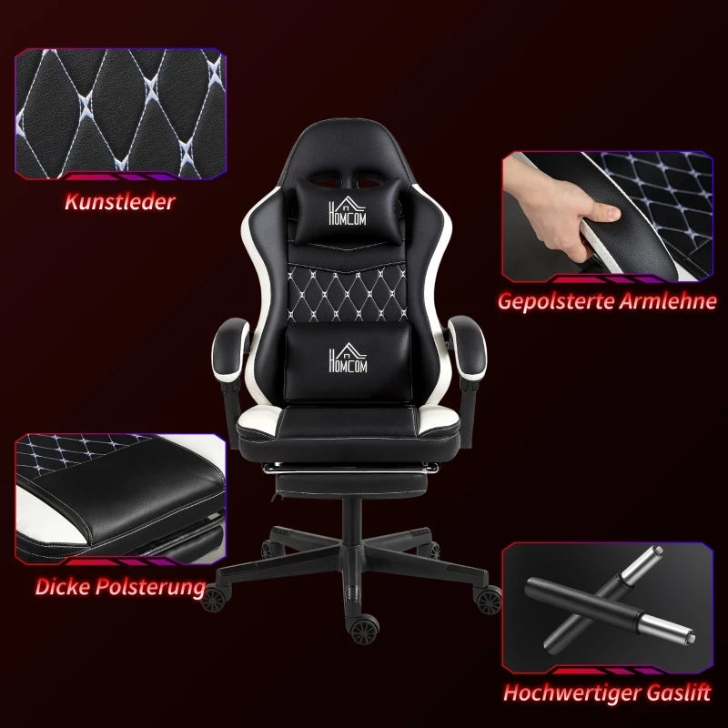 Gaming Chair with Footrest, Computer Chair with Headrest & Cushions, Faux Leather Upholstery, Swivel, Height-Adjustable