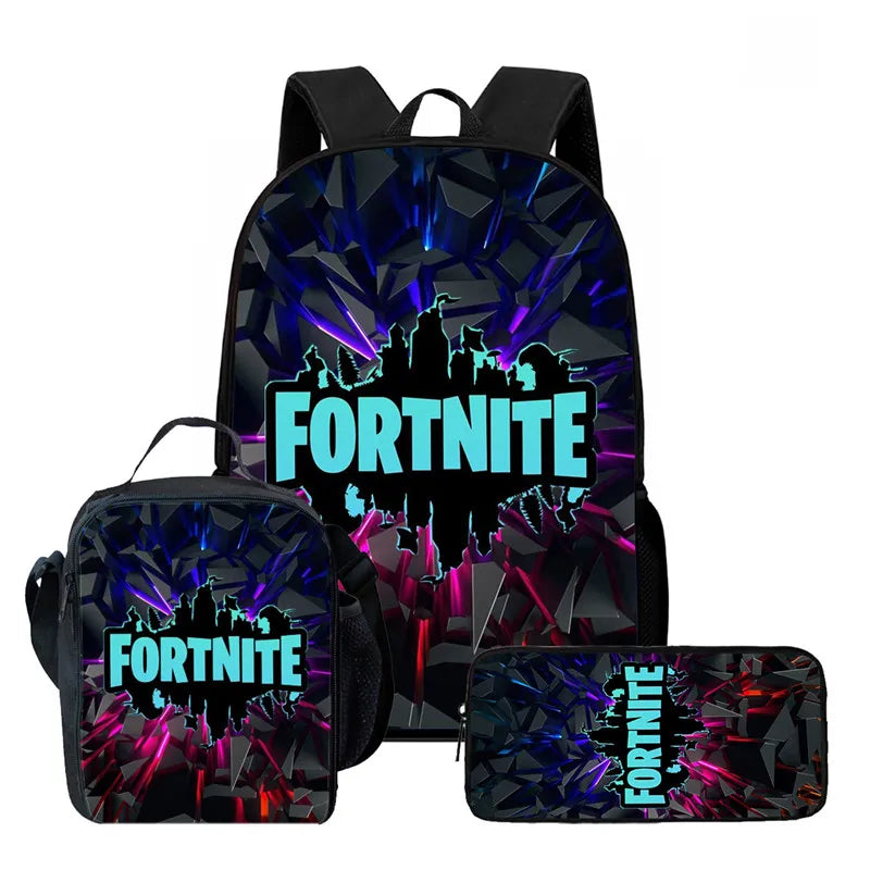 Fortnite Cartoon 3pcs Backpack Set for Boys Girls Unisex Including School Bag Lunch Bag Pencil Case Suitable for ages 5-8