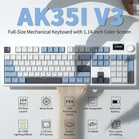 Ajazz AK35I V3 MAX 8000mAh battery Gaming mechanical keyboard Tri-mode Wired Bluetooth Wireless Hot-swappable TFT color screen